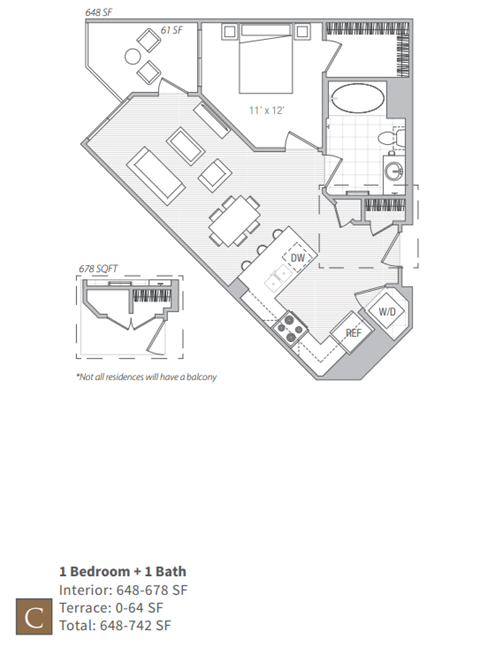 Floor plan for 1 bed, 1 bath, 678 sqft
